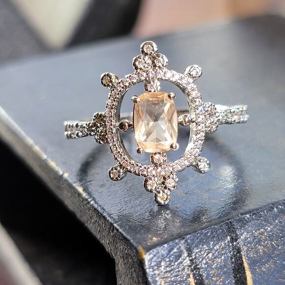 Elegant Rhodium Plated Simulated Champagne Gemstone Ring, Size 10 - Picture 2 of 9